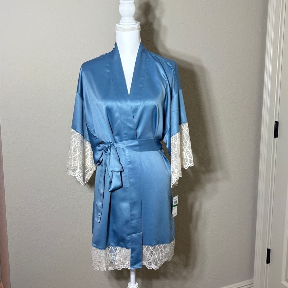 Flora Nikrooz Teal Gabby Charmeuse Wrap Robe with Lace Details. NWT Size L - Picture 4 of 8